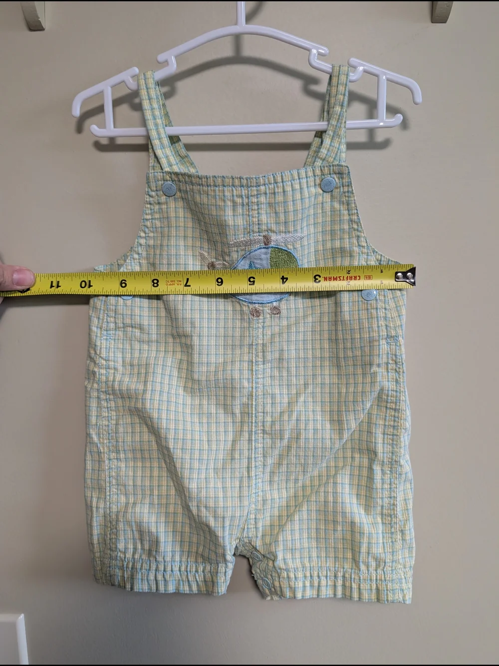 Vintage OshKosh B'gosh Light Green and White Plaid Baby Shortalls WithHelicopter